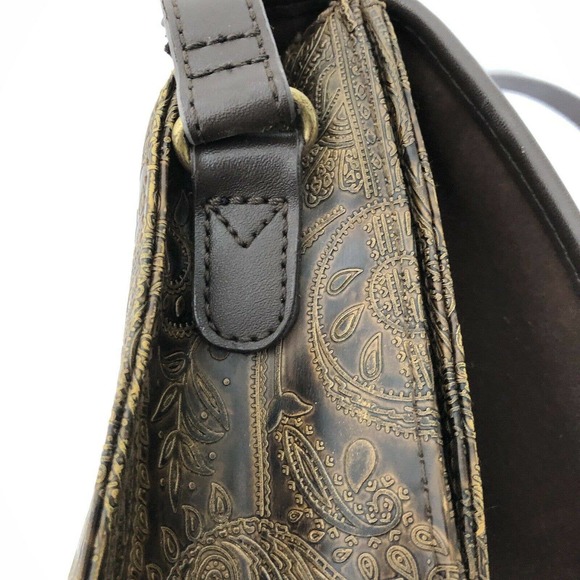 Vintage Relic Brown Paisley Tooled Faux Leather Flap Front Crossbody Satchel Bag - Picture 9 of 12